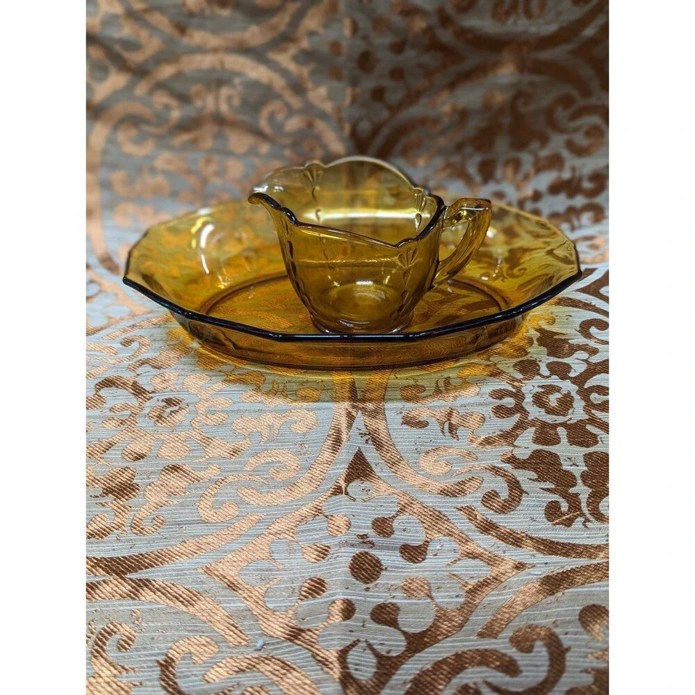 Vintage Amber Pressed Glass Creamer‎ and Tea Platter Tray Serving Dish Plate
